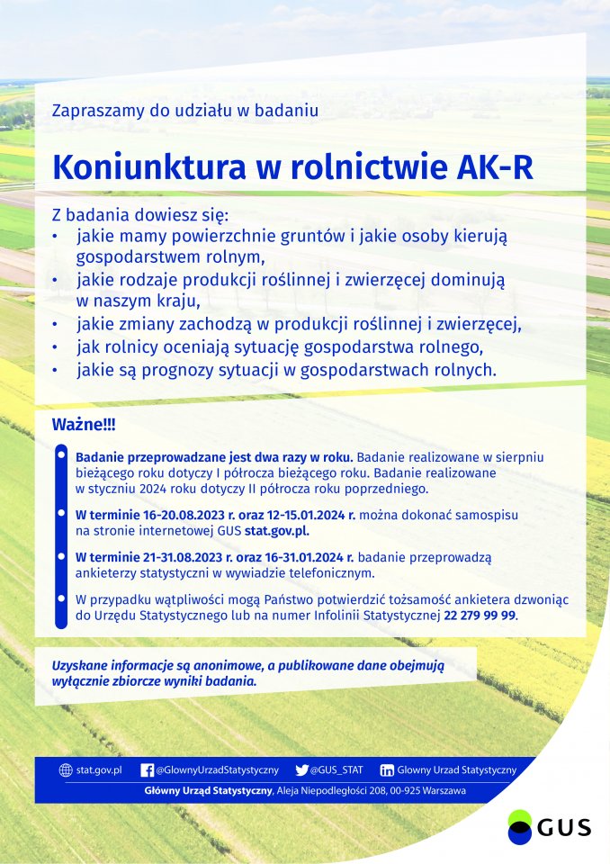 Urząd Statystyczny w Poznaniu informuje, że na terenie gminy Rakoniewice w dniach od 16 do 31 sierpnia 2023 r. przeprowadzane jest badanie statystyczne Ankieta koniunktury w gospodarstwie rolnym.