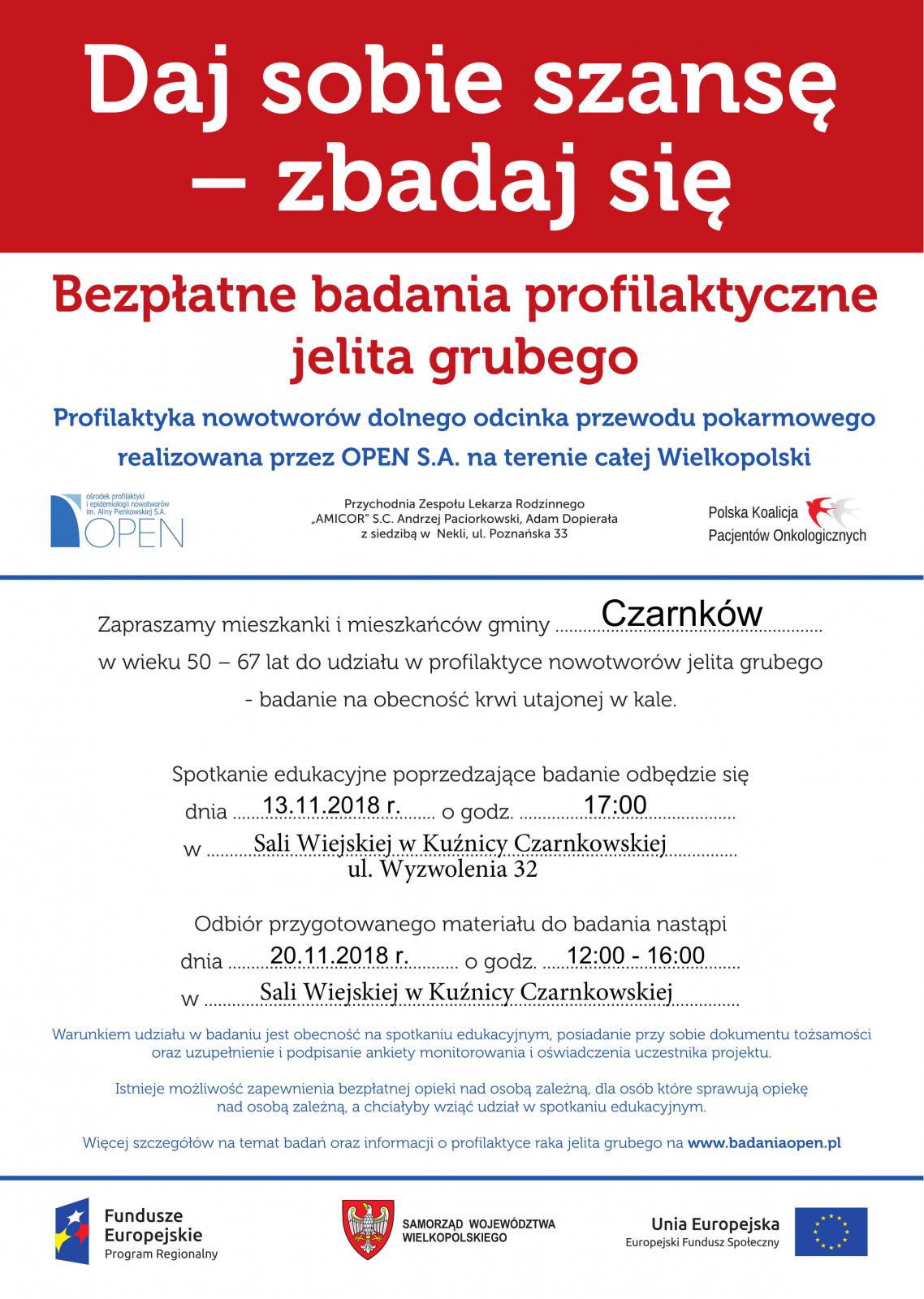 Zaproszenie na bezpłatne badania jelita grubego w Kuźnicy Czarnkowskiej w dniu 13 listopada 2018 roku