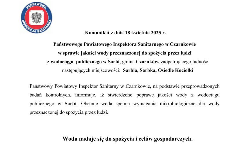 KOMUNIKAT W SPRAWIE JAKOŚCI WODY