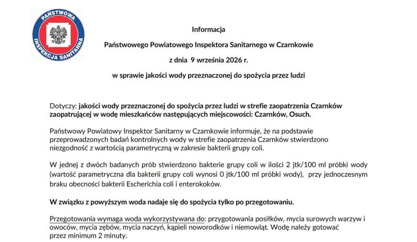 Uwaga mieszkańcy 𝗢𝘀𝘂𝗰𝗵𝗮: konieczność gotowania wody przed spożyciem.