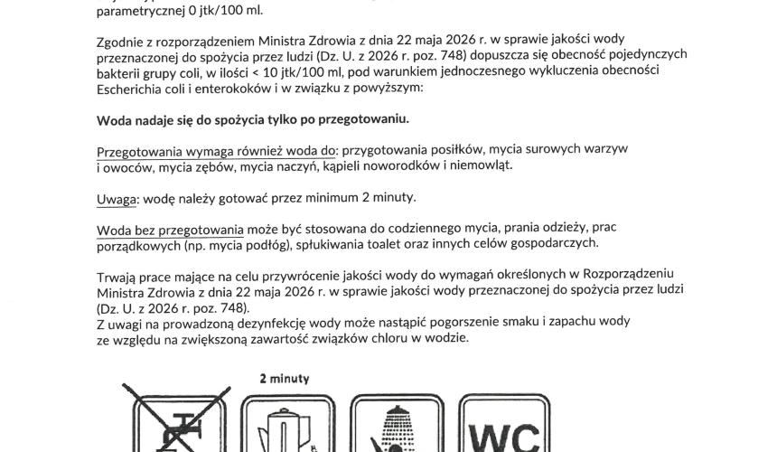 WAŻNY KOMUNIKAT DOTYCZĄCY JAKOŚCI WODY 