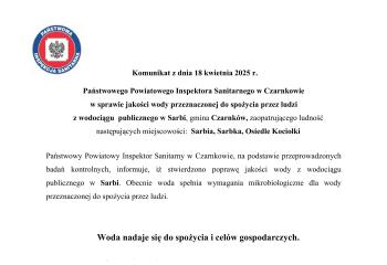 KOMUNIKAT W SPRAWIE JAKOŚCI WODY