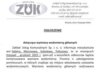 Komunikat Zakładu Usług Komunalnych Sp. z o.o. w Brzeźnie