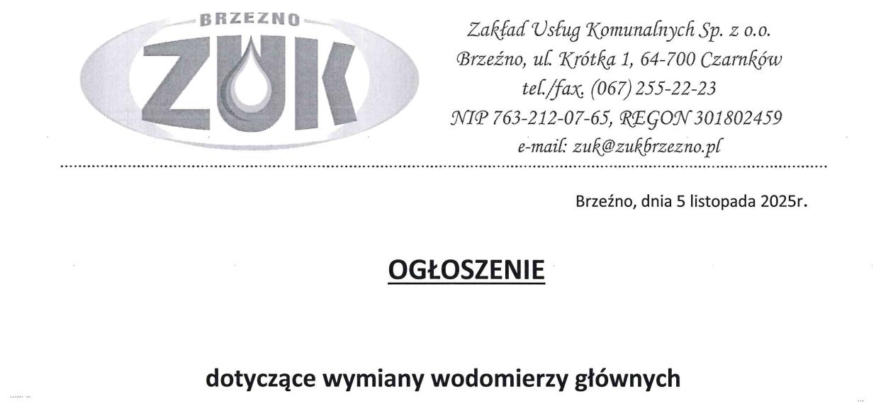 Komunikat Zakładu Usług Komunalnych Sp. z o.o. w Brzeźnie