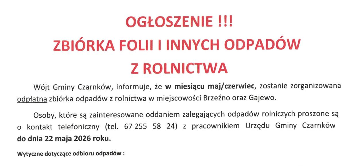 Zbiórka odpadów rolniczych w miejscowościach Brzeźno oraz Gajewo